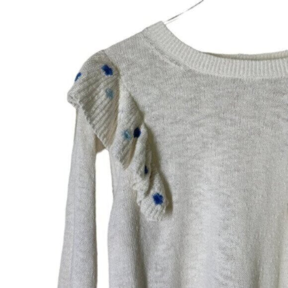 Something Navy | Cream & Embroidered Blue Flower Ruffle Crewneck Sweater Size M - Picture 2 of 6